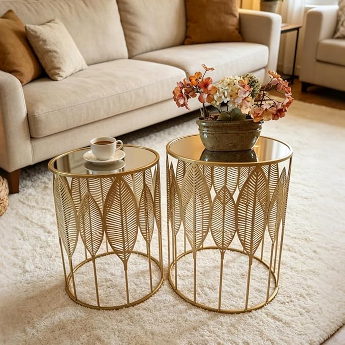 Homebeez Gold Nesting Tables Set of 2, Glam Leaf Design Round End Table