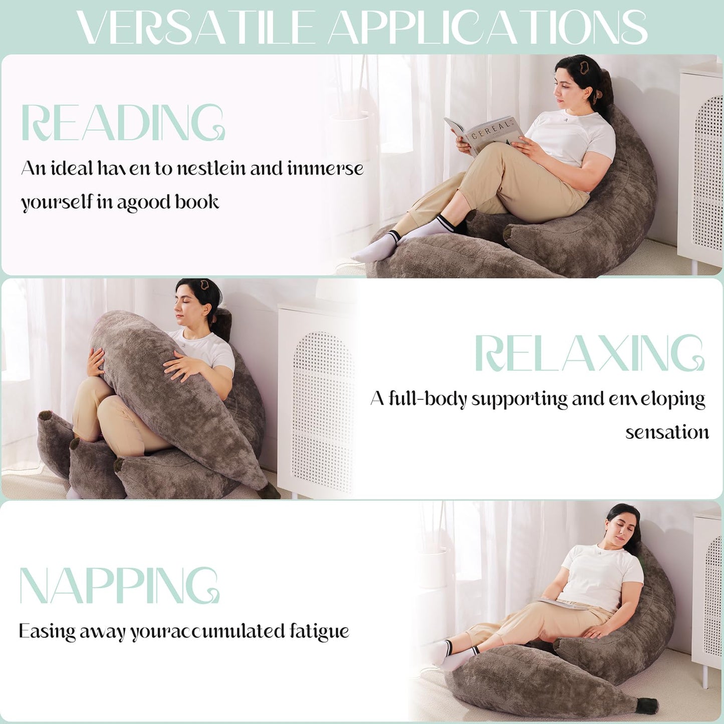 IEVENW Banana Bean Bag Chair with Ottoman, Floor Sofa Bed with Footrest, Comfy Convertible Lounger for Adults, Plush Couch for Bedroom, Living Room or Dorm, L-Coffee