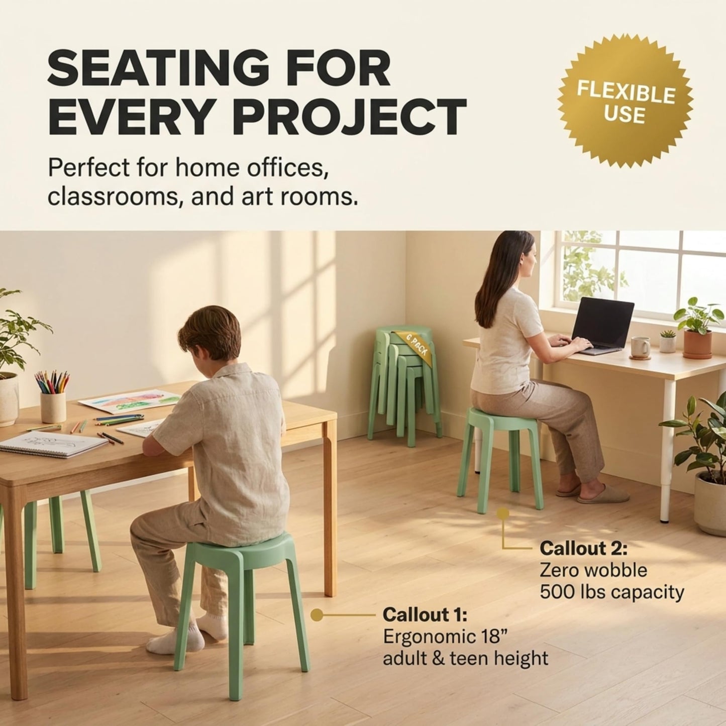 Stackable Plastic Stools Set of 6-18 Inch Heavy Duty 500 lbs Capacity, Flexible Seating Classroom Stools for School, Outdoor Patio & BBQ Chairs, Space Saving Plastic Chairs for Dorm, Home Office