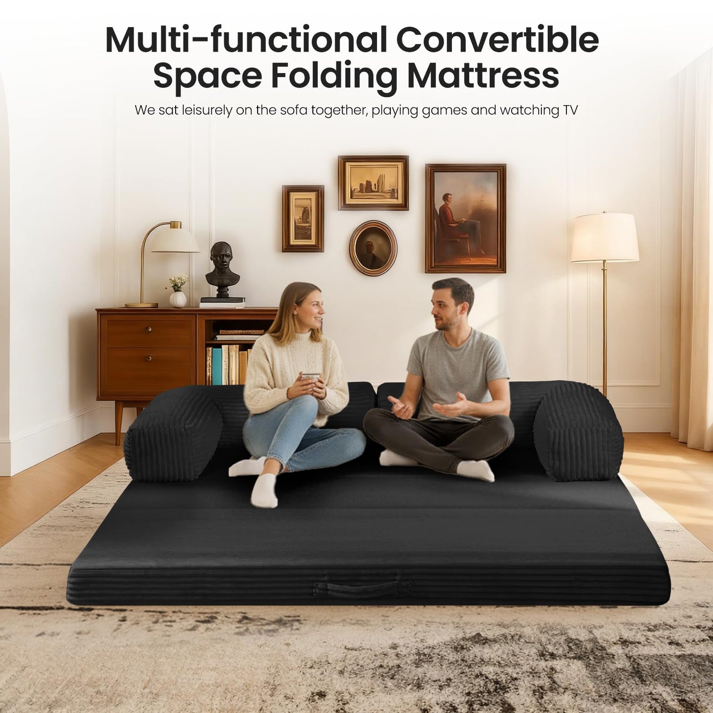 AOLVDOW Tri-Fold Foldable Mattress, Convertible Folding Sofa Bed with Removable Arms & Washable Cover, All-in-One Portable Mattress Floor Sofa Bed, No Assembly Required & Non-Slip, Full Size, Black