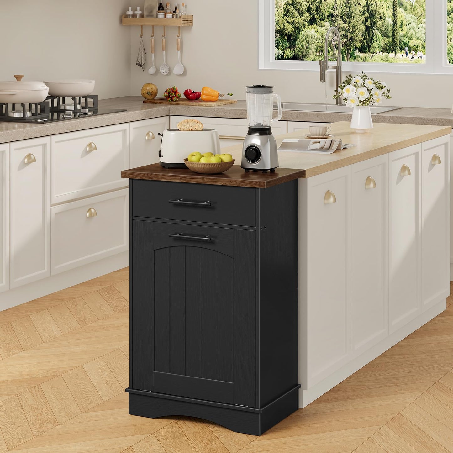 HOOBRO 10 Gallon Tilt Out Trash Cabinet, Kitchen Trash Can, Trash Bin Storage, with Flip Door and Large Drawer, Hidden Laundry Hamper Cabinet, for Kitchen, Laundry, Black and Walnut BH02LJ01