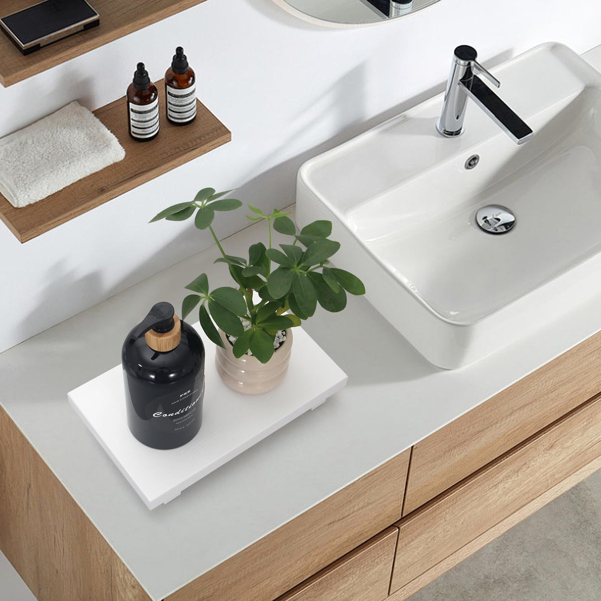 White Wooden Bathroom Tray Wood Riser Pedestal Stand Dish Soap Dispenser Holder for Kitchen Counter Bathroom Decor Decorative Kitchen Sink Countertop Trays Farmhouse Organizer Accessories Vanity Tray