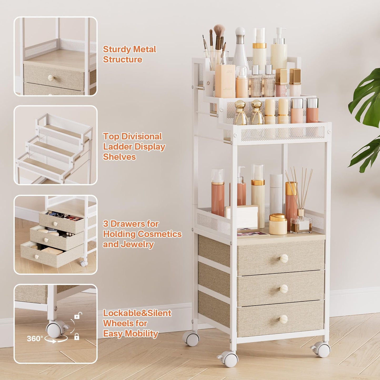 FURFUN Makeup Organizer Storage with Drawers, 13 Inch Bathroom Stand Large Floor Rolling Skincare Organizer Cart, 3-Tier Vanity Tray Stand for Cosmetics, Nail Polish, Perfume Display Cases Holder