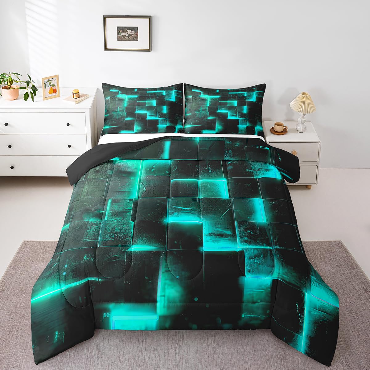 Erosebridal Black and Teal Comforter Set Twin Modern Abstract Twin Bedding, 3D Glowing Plaid Bedding Comforter Sets Gradient Grid Duvet, Neon Square Quilted Comforter 2pcs (Black Reversible)