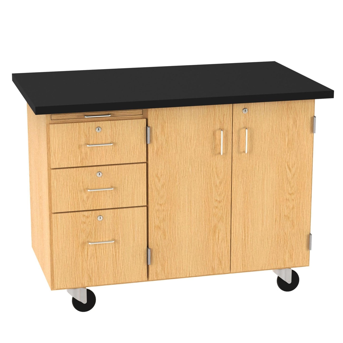 Diversified Spaces Portable Mobile Science Classroom Teacher Instructor Desk, Black Chemguard Table Top, Storage Cabinet, Oak Finish, 48"W x 28"D x 36"H, Made in the USA