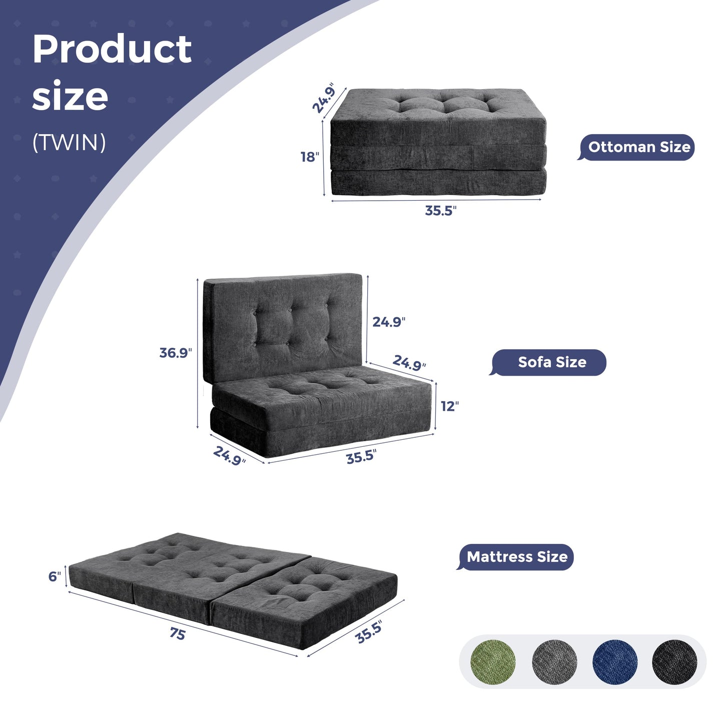 MAXYOYO 6" Folding Sofa Bed for Floor, Tufted Tri-Fold Floor Mattress with Chenille Fabric, Twin Size Portable Sofa Couch Guest Mat for Adults, Foldable Topper for Camping, Dark Grey, 35.4"x75"