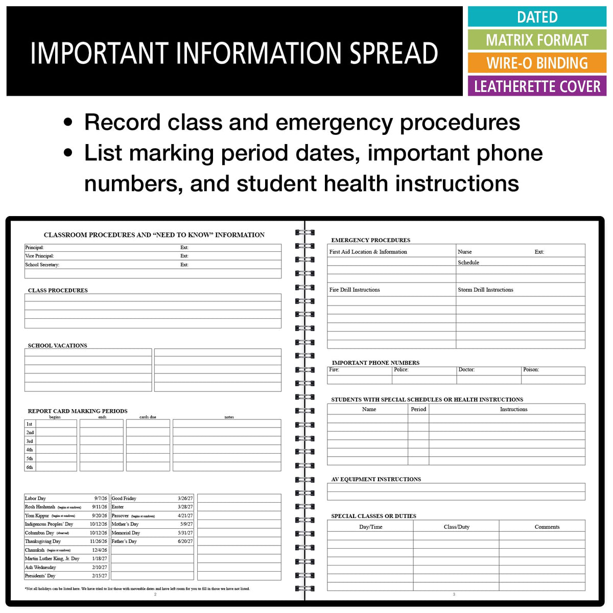 Elan Publishing Company Dated Teacher Lesson Plan 6 Period: Days Vertically Down The Side Dated for 2026-2027 Academic Year (Black)