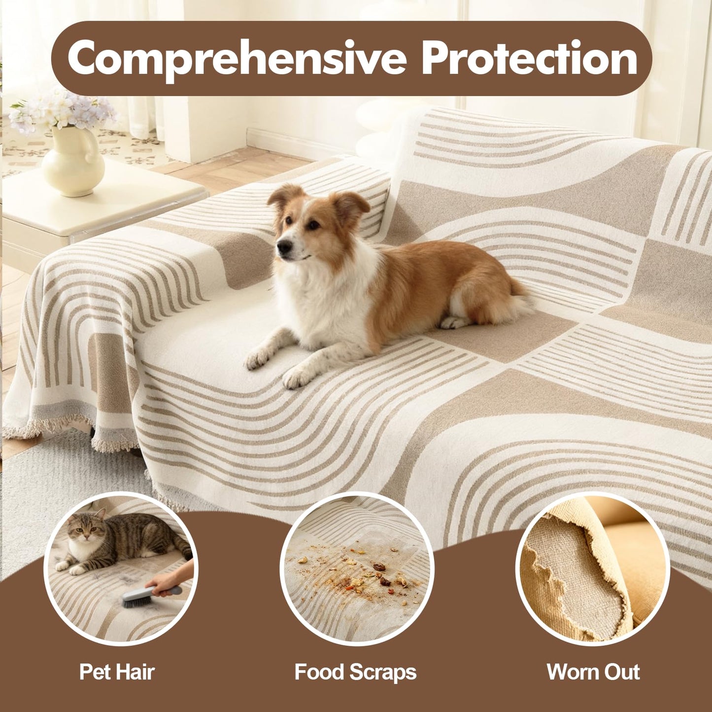 WEYOND Boho Chenille Couch Cover for L Shaped Sectional Sofa, Bohemian Sofa Covers Washable, Pet Friendly Chaise Cover for 2/3/4 Seater Couch (71" x 118" + 71" x 118", Khaki)