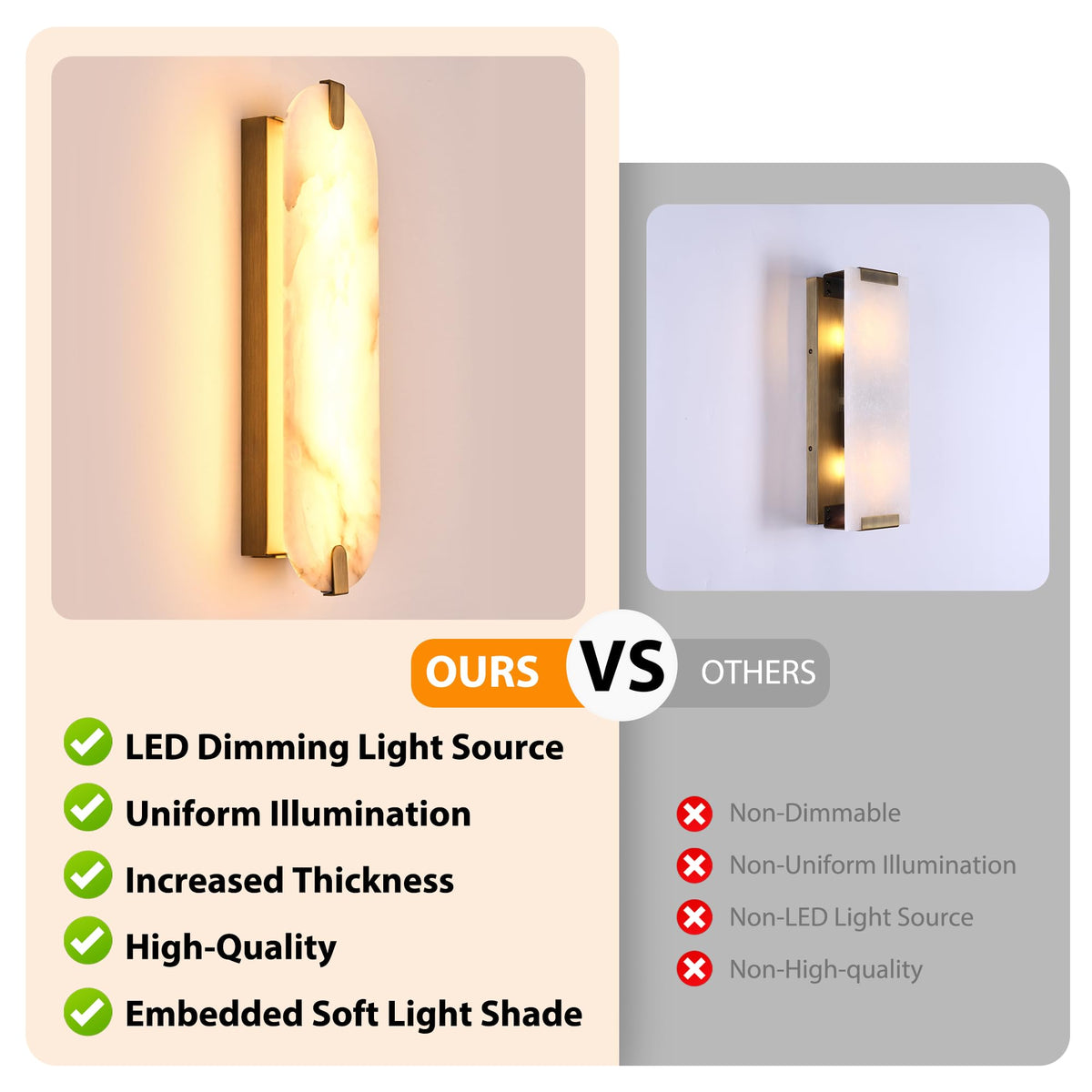 ZEROUNO Alabaster Wall Sconces Set of Two, 22.8 Natural Marble Wall Sconces Wall Lighting, Dimmable Wall Light Fixtures for Bedroom Living Room Stairs Vanity Hallway Bedside,Brushed Gold