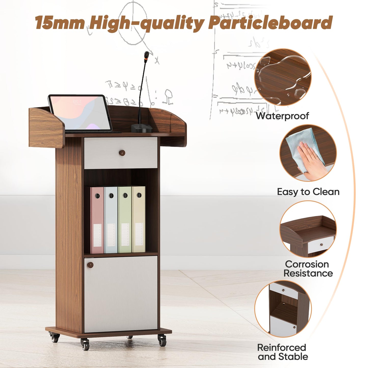 Suuiwau Mobile Wooden Podium Stand with Metal Wheels, Portable Pulpit with Drawer and Storage Cabinet, Built-in Cable Hole Lectern for Office Classroom Lecture Restaurant Church (Brown White)