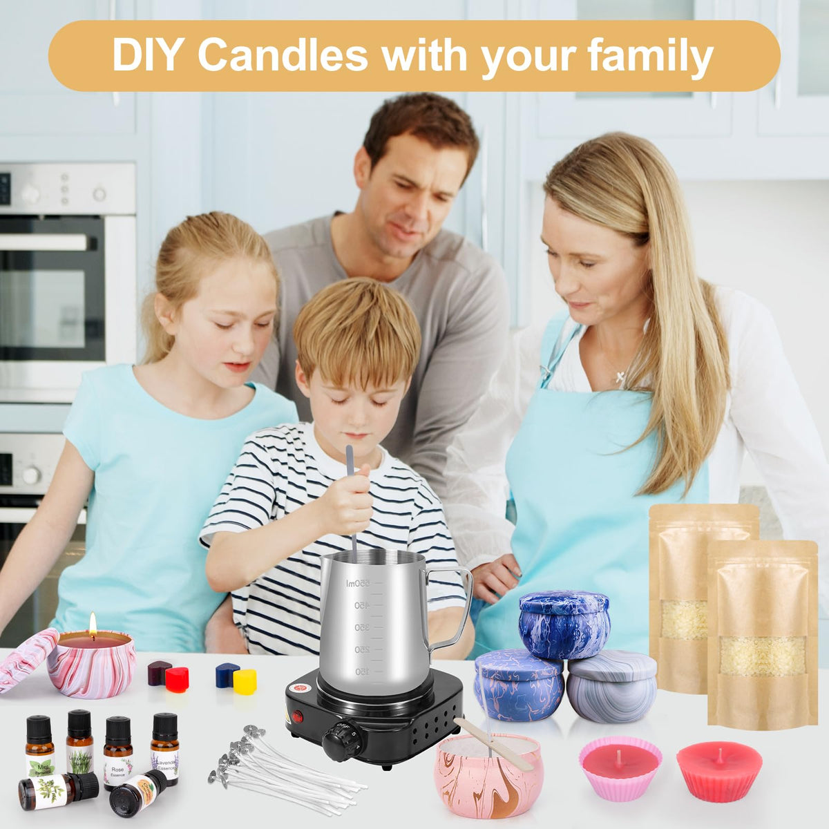 Candle Making Kits for Adults, Candle Making Supplies Accessory for Beginner, DIY Scented Candle with Beeswax, Essential Oil, Wicks, Wax Melting Pot, Moulds, Candle Jars, Dye, Make Your Own Candle