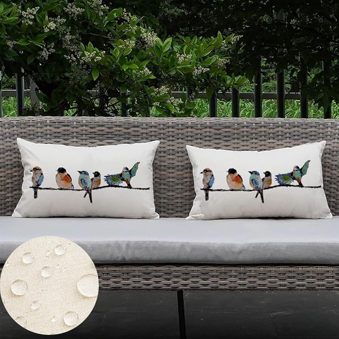 RABUSOFA Outdoor Pillow Covers Waterproof 12x20, Outdoor Bird Lumbar Throw