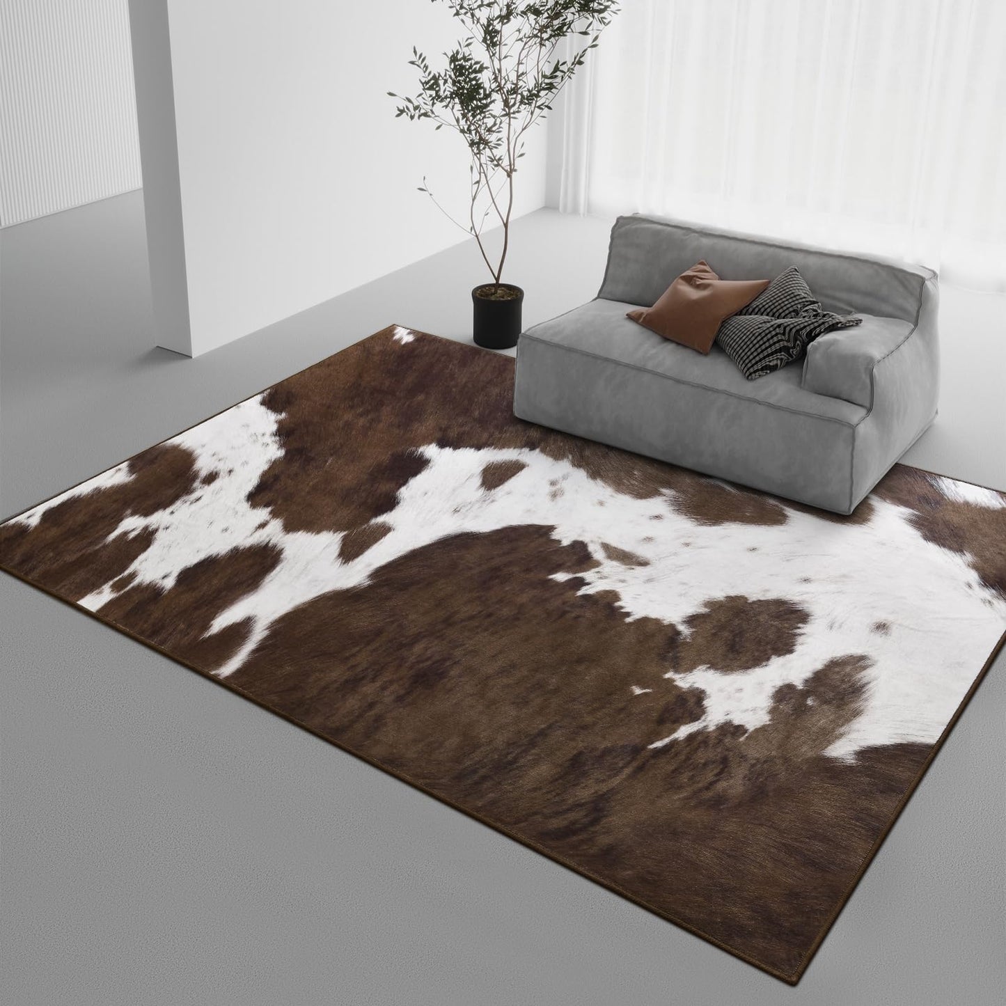 DweIke Cow Print Rug 5x7 – Brown Faux Cowhide Rugs, Washable Soft Non-Slip Stain Resistant Animal Cow Hide Carpet for Living Room Bedroom Dining Room Office, Western Home Decor