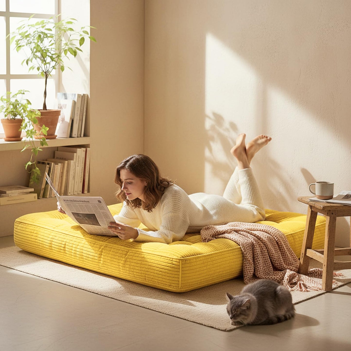 63 Inch Folding Sofa Bed Convertible Chair, 2-in-1 Convertible Boneless Sofa Floor Cushions Couch Mattress Oversized Corduroy Upholstered Sleeper Chair for Living Room Guest Apartment(Yellow)