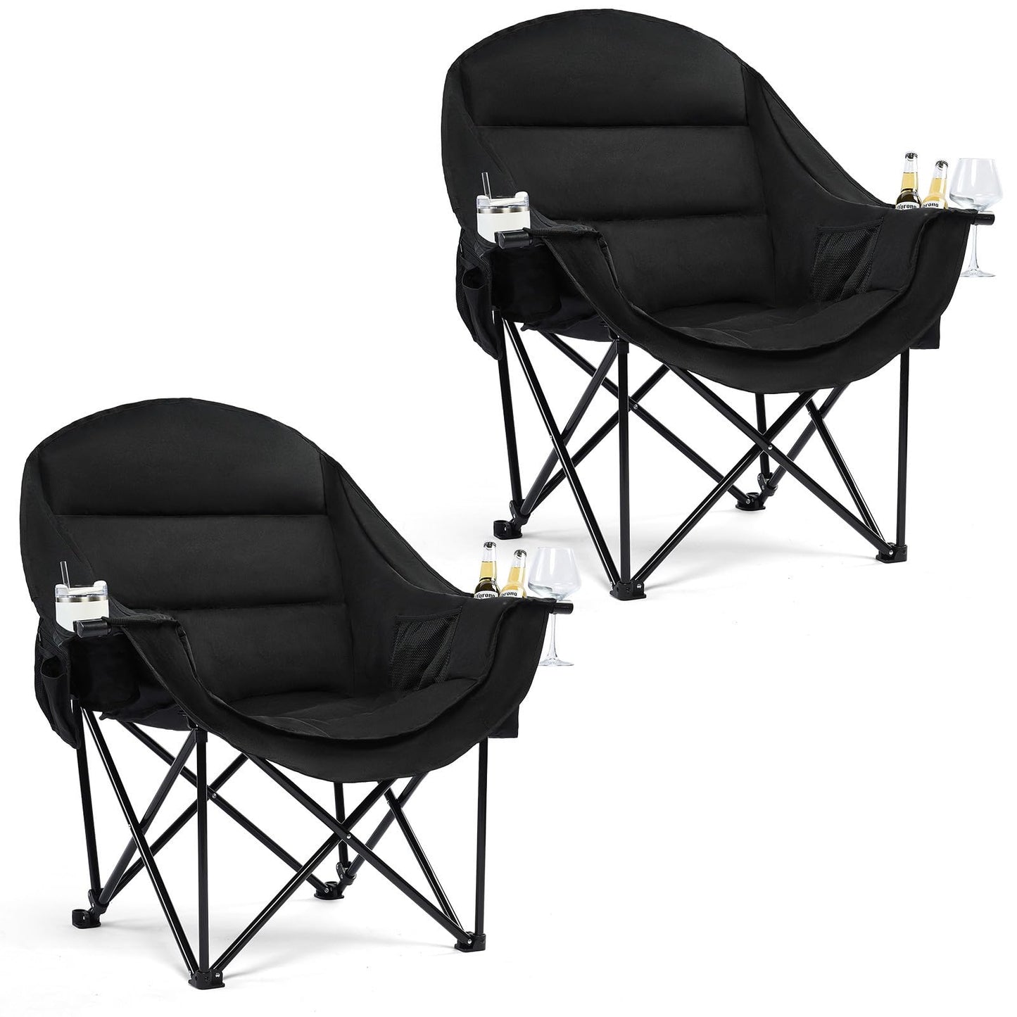 Oversized Camping Chair for Adults - Heavy Duty Outdoor Padded Large Lawn Camp Chair with Cup Holder Cooler Pockets for Sports Beach Fishing Garden Portable Supports 500lbs, AllBlack 2 Pack