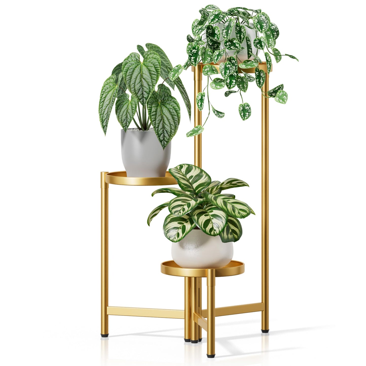 NQW 3 Tiered Plant Stand Indoor for Multiple Large Planter, Tall Heavy Duty Adjustable Folding Rack with Rustproof 7.9 Inch Wide Tray, Gold Plant Shelf for Corner Living Room - GoldDisk