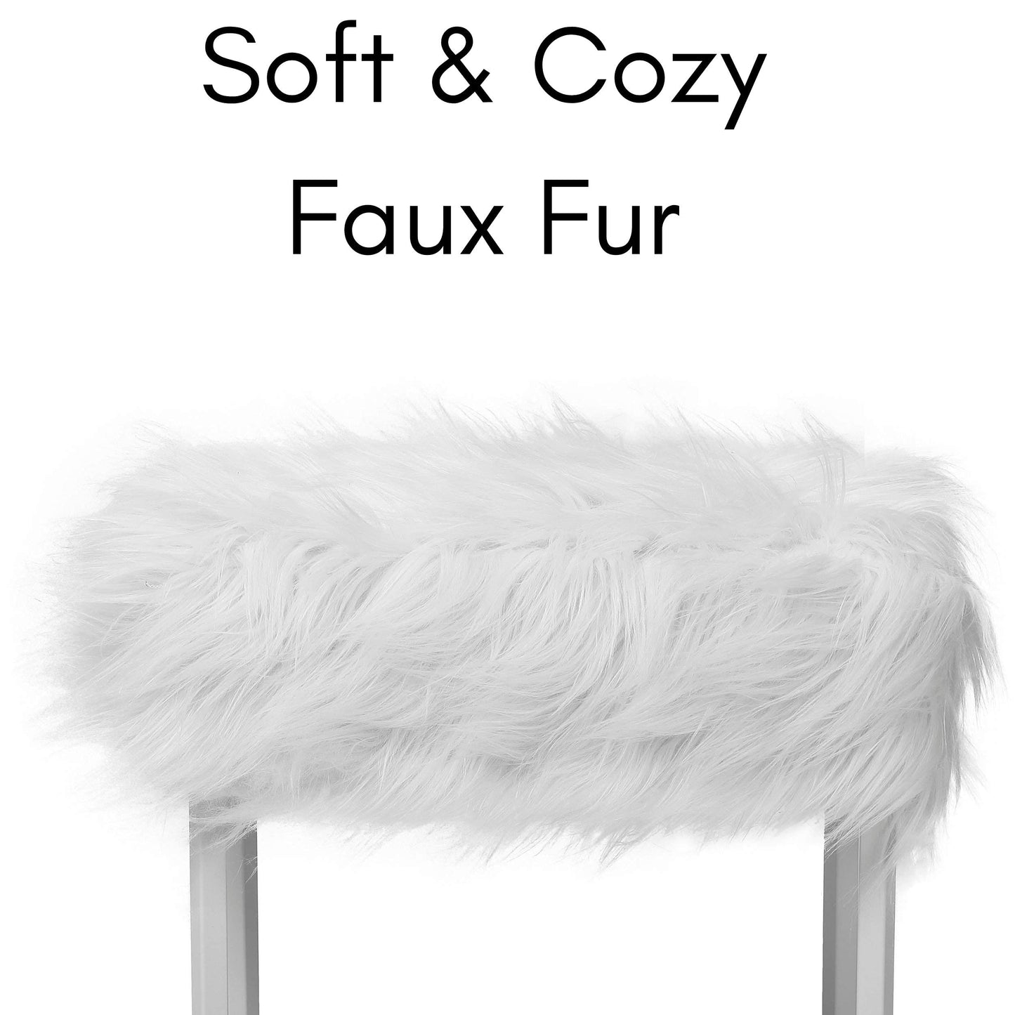 BIRDROCK HOME Rectangular Faux Fur Vanity Foot Stool Ottoman with Metal Legs - Small Soft Padded and Fluffy Makeup Seat or Foot Rest for Bedroom, Desk, or Dressing Table (White and Gray)