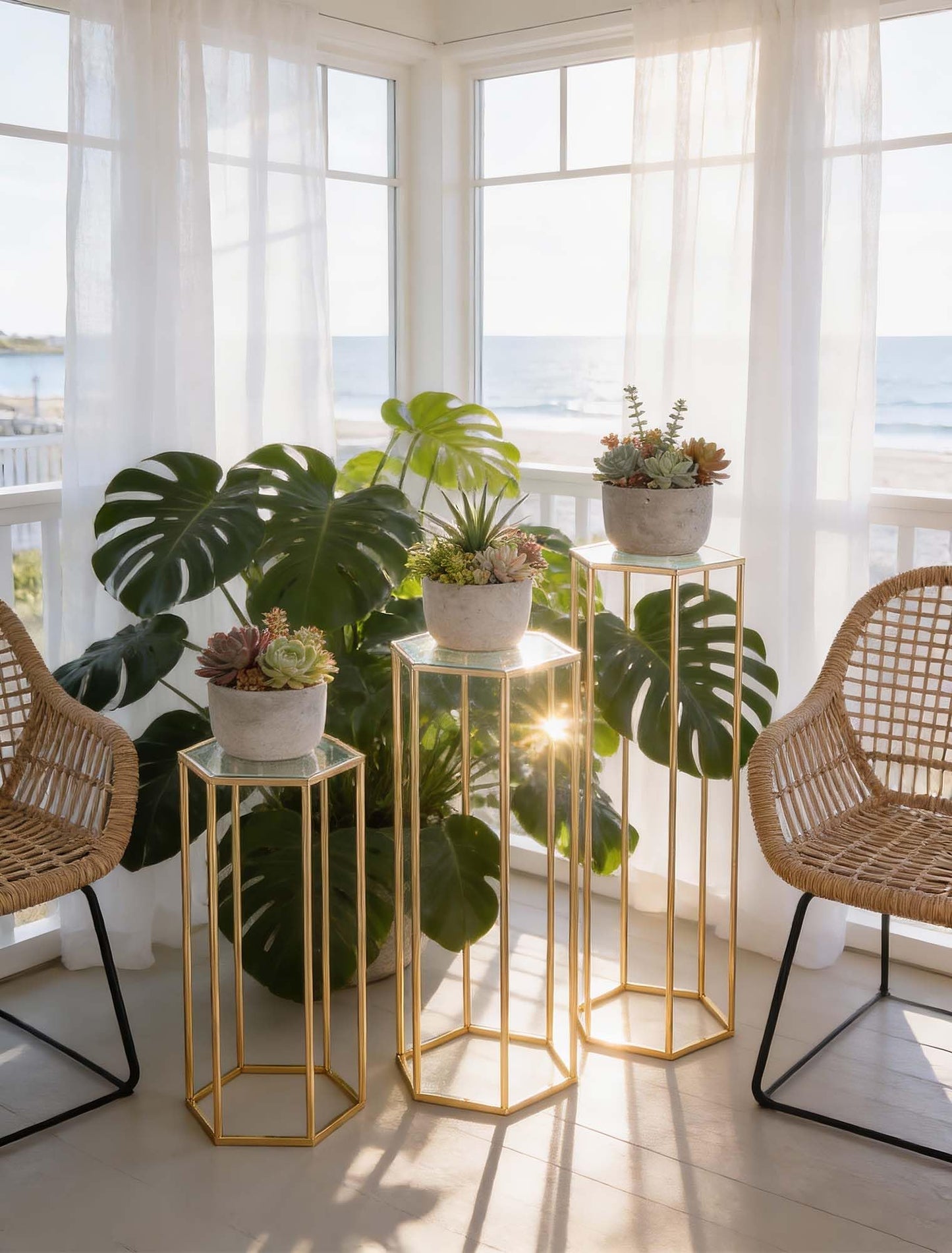 Inweder Cylinder Pedestal Stands for Party: Three-Piece Gold Hexagon - 23.6"/29.5"/35.4" Tall Gold Stand for Party - Cylinder Wedding Table for Outdoor Indoor Party