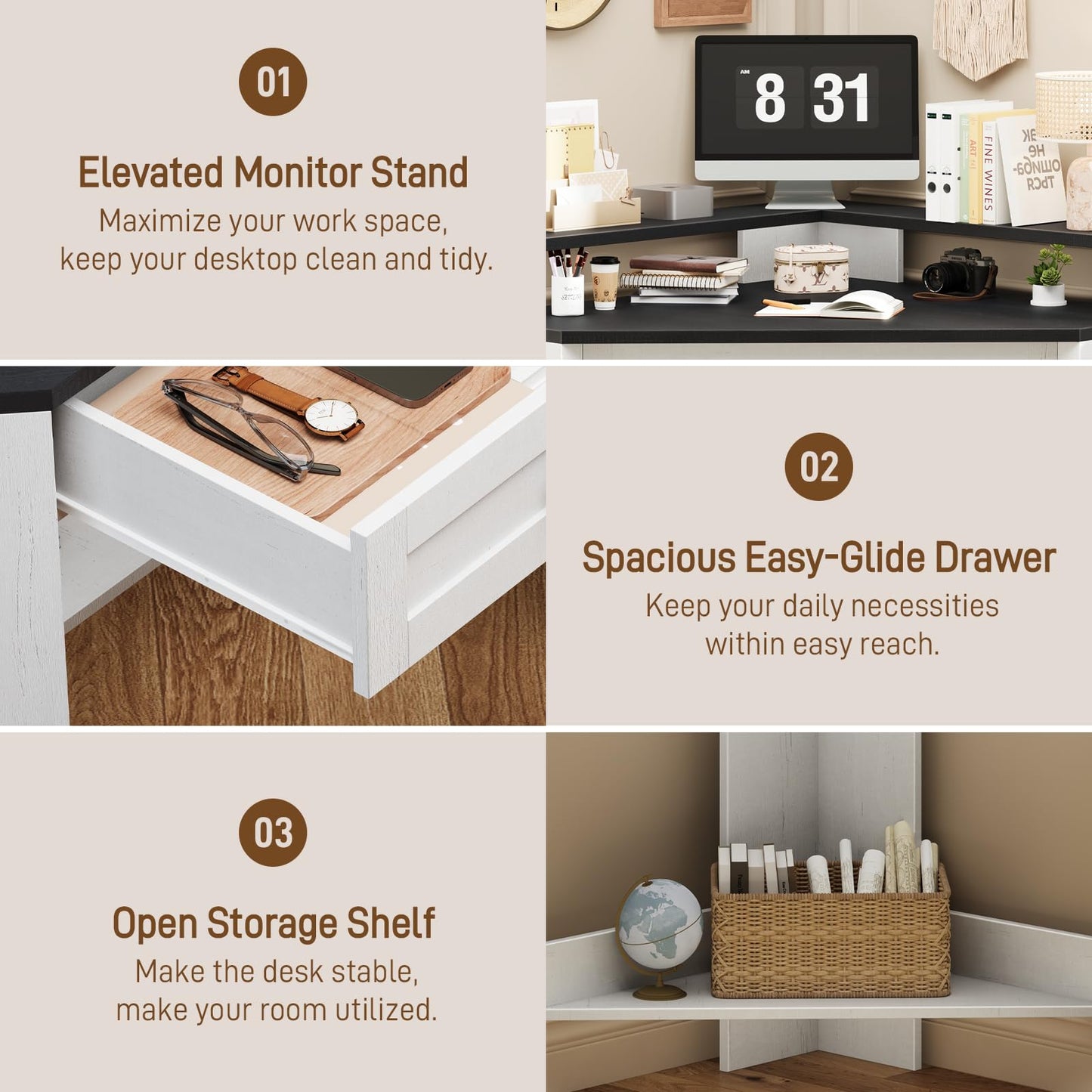 Small Corner Desk, Corner Desk for Small Space, Farmhouse Computer Desk with Drawer, Triangle Computer Desk with Storage Shelf and Monitor Stand for Home Office, Living Room (Rustic White/Black)