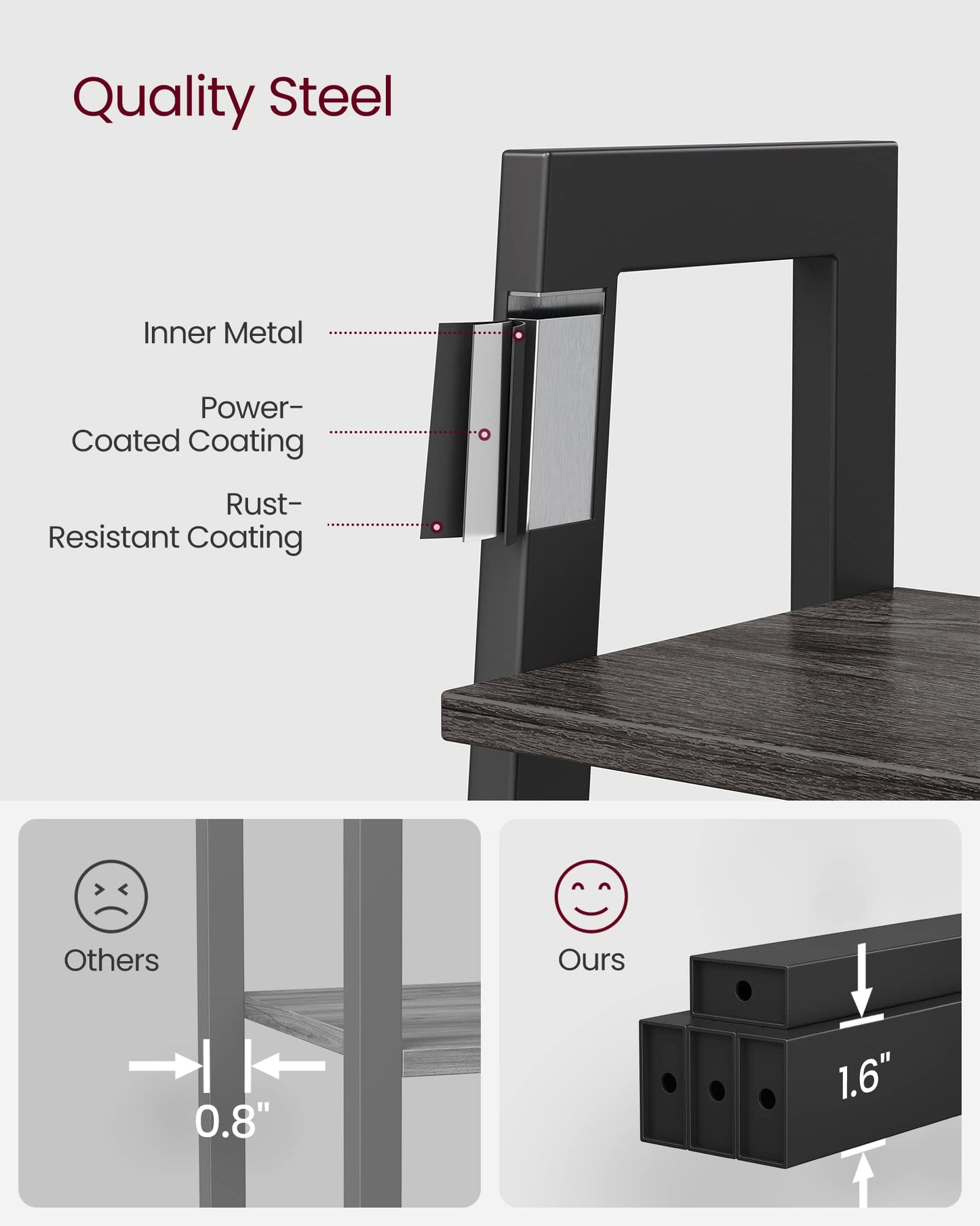 VASAGLE BARNET Collection - Ladder Shelf, Bookshelf, Storage Rack, Modern Bookcase for Living Room Home Office Kitchen, Steel Frame, 4-Tier, 22-Inch Wide, Charcoal Gray and Ink Black ULLS044B04
