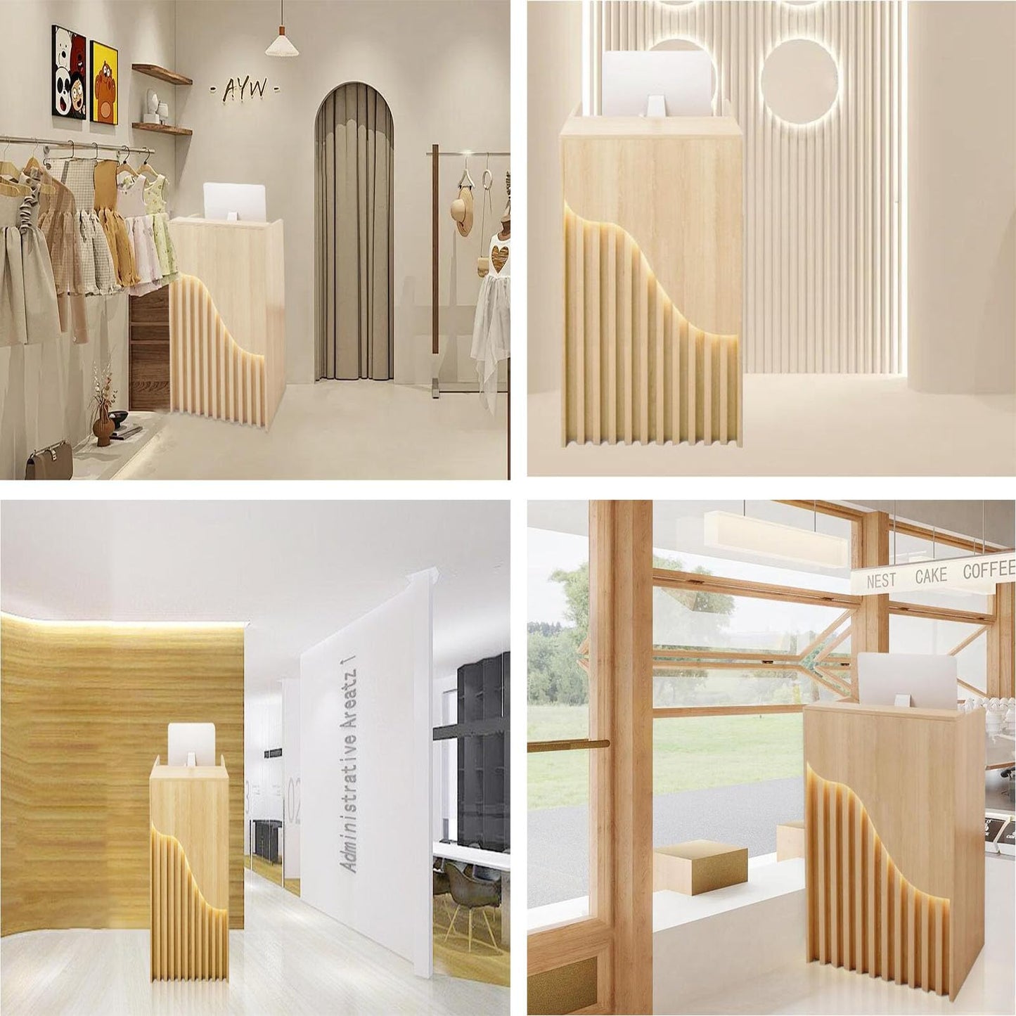 Reception Desk Counter Table - L-Shaped Cashier Front Desk, Wooden Design with Open Shelves & Drawers, Modern Retail Counter for Supermarkets, Convenience Stores & Hotels