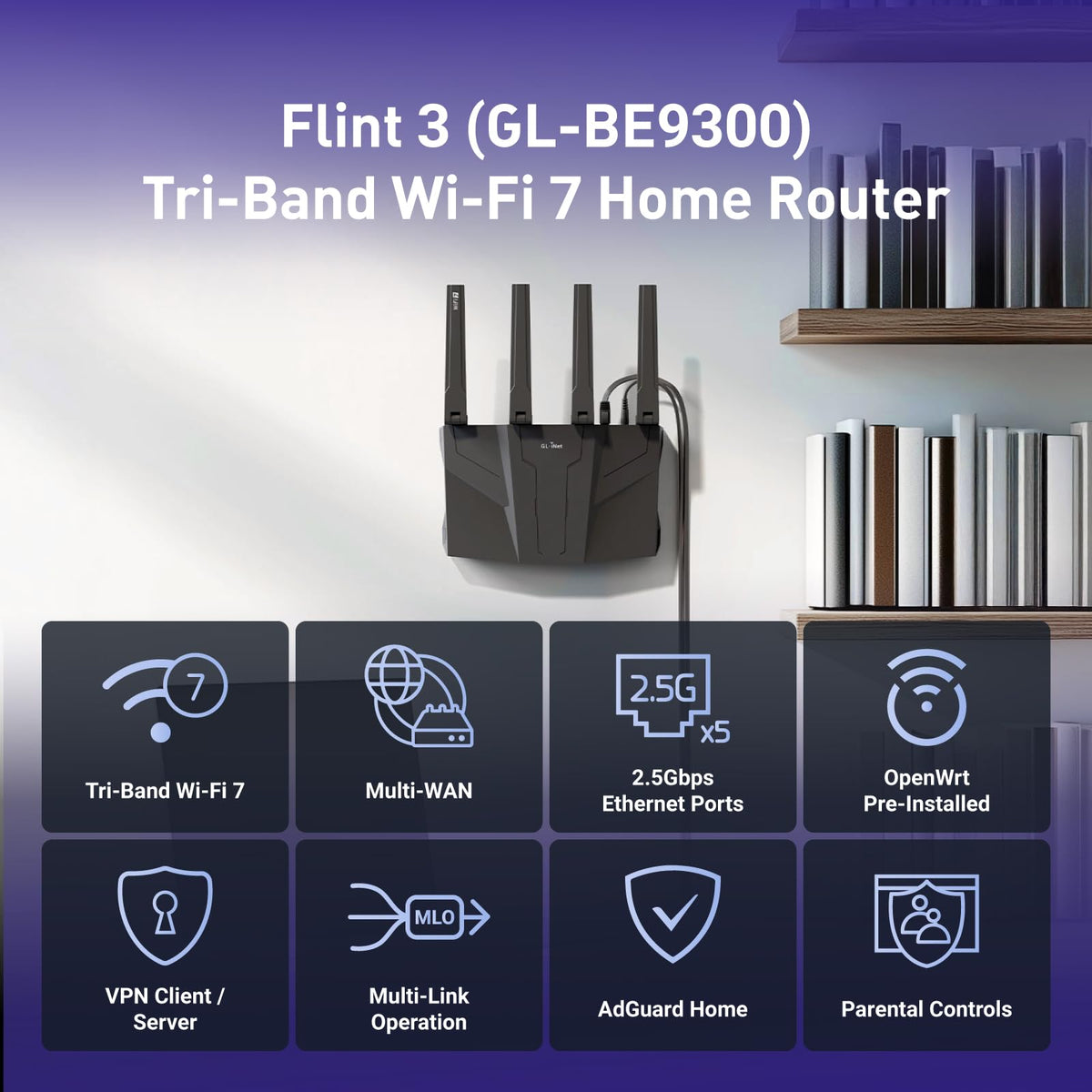 GL.iNet GL-BE9300 (Flint 3) Tri-Band WiFi 7 Router, High-Speed 6GHz Gaming WiFi Router for Wireless Internet, Long Range, 5 x 2.5G VPN Routers for Fiber Optic Modem, Computer Routers, Home & Business