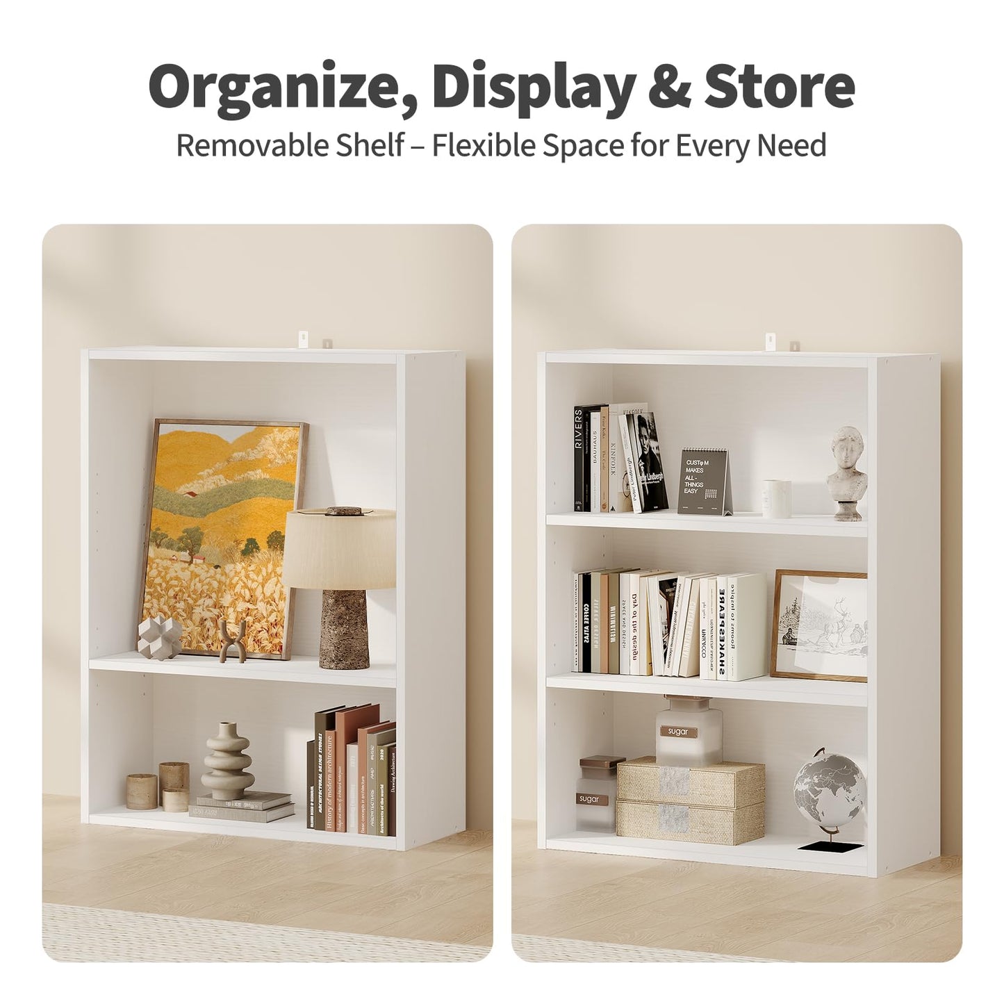 Sweetcrispy Industrial 3 Shelf Bookcase - Large 31.5 Inch Tall Floor Standing Open Bookshelf for Home Office, Living Room, and Bedroom Storage, Display Organizer, White