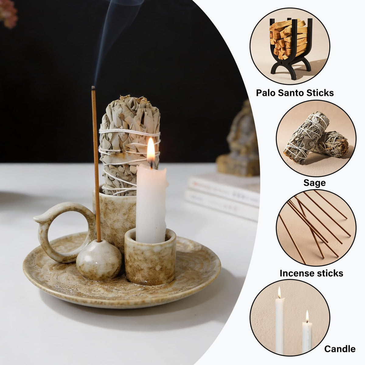Tnstbiee 4.1-Inch 5-in-1 Ceramic Smudge Bowl-Versatile Incense Stick Holder and Smudging Dish for Palo Santo and Sage–Ideal for Zen Altar, Meditation,Yoga, and Aromatherapy–Easy to Clean Brown Design