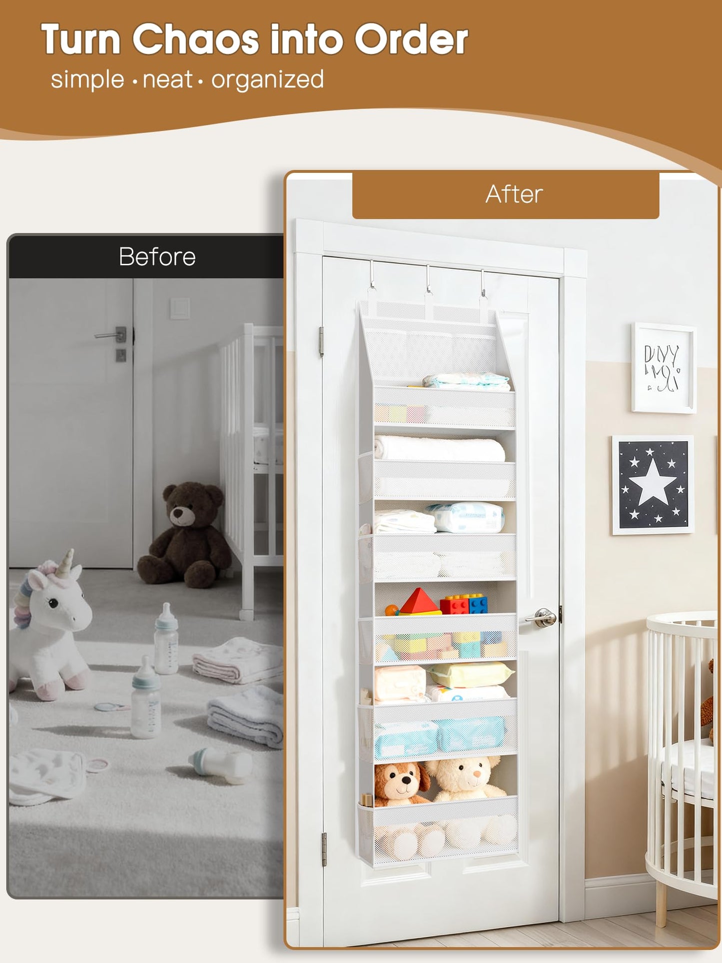 Criusia Over the Door Organizer, Heavy-Duty 6-Shelf Hanging Storage with 13 Mesh Pockets, 55lbs Capacity Behind the Door Storage for Nursery, Bathroom, Bedroom, and Dorm, White
