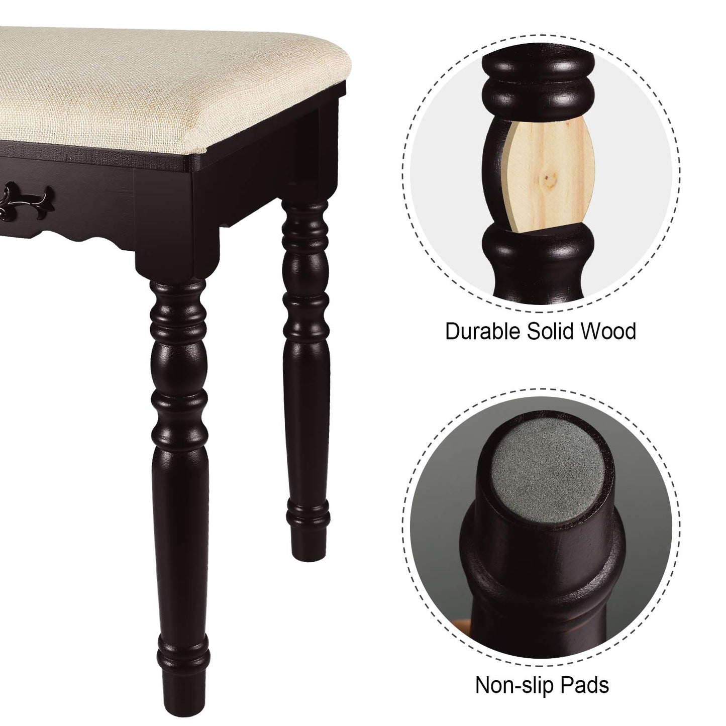 URFORESTIC Oak Wood Vanity Stool, Modern Makeup Dressing Stool with Concave Seat Surface,Capacity 300lb, Easy Assembly (Brown)