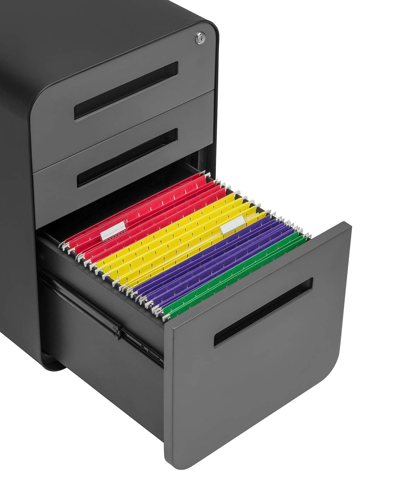 Laura Davidson Furniture Stockpile 3 Drawer File Cabinet with Lock - Under Office Desk Metal Filing Cabinet, Legal/Letter File Folders, Wheels and Stationary Feet, Pre-Assembled, Black/Grey
