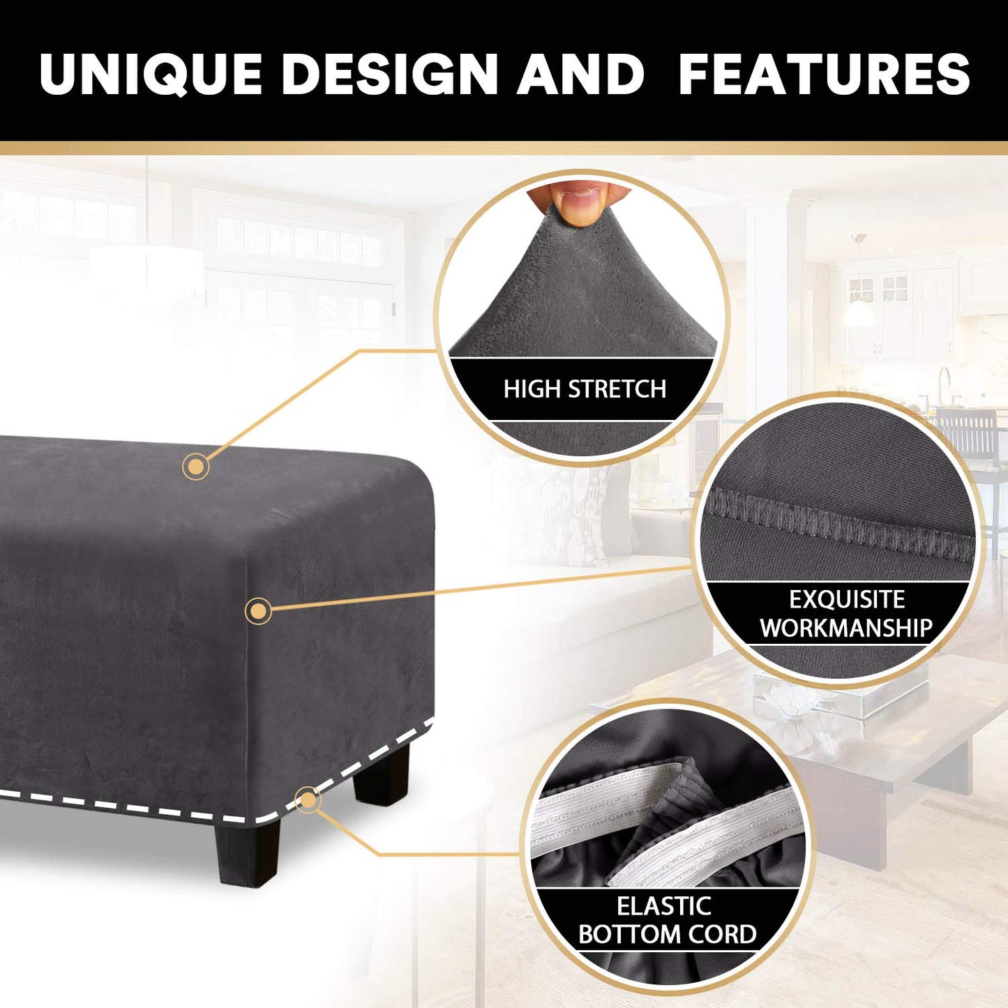 PrinceDeco Real Velvet Plush Ottoman Cover Soft Rectangle Folding Storage Covers Furniture Protector Removable Footstool Protect Footrest Covers Elastic Bottom(X-Large, Grey)