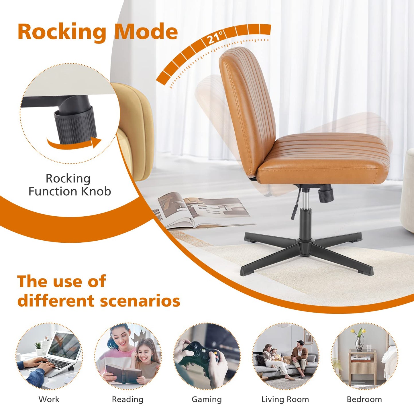 Sweetcrispy Criss Cross Chair Legged, Armless Office Swivel Desk Chair No Wheels, Vanity Height Adjustable Wide Seat Faux Leather Computer Task Seating for Home Bedroom