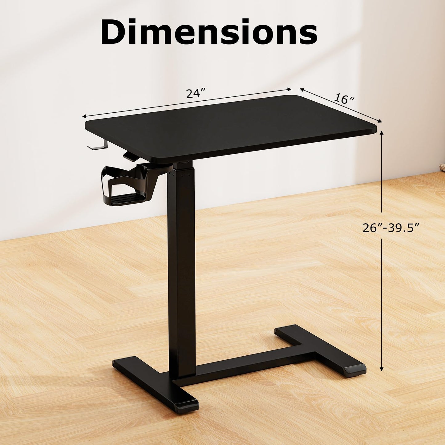 Tangkula Mobile Standing Desk, Pneumatic Height Adjustable Rolling Desk with Cup Holder & Headphone Hook, Overbed Table with Hidden Wheels, Laptop Computer Cart for Couch, Home, Office (Black)