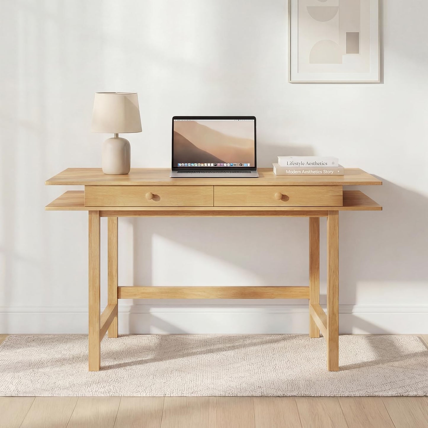 ELEVAQ Double-Top Solid Wood Desk - 48-Inch Mid-Century Modern Writing Table with Drawers for Home Office, Study, and Creation, Rubberwood Computer Desk in Honey Oak