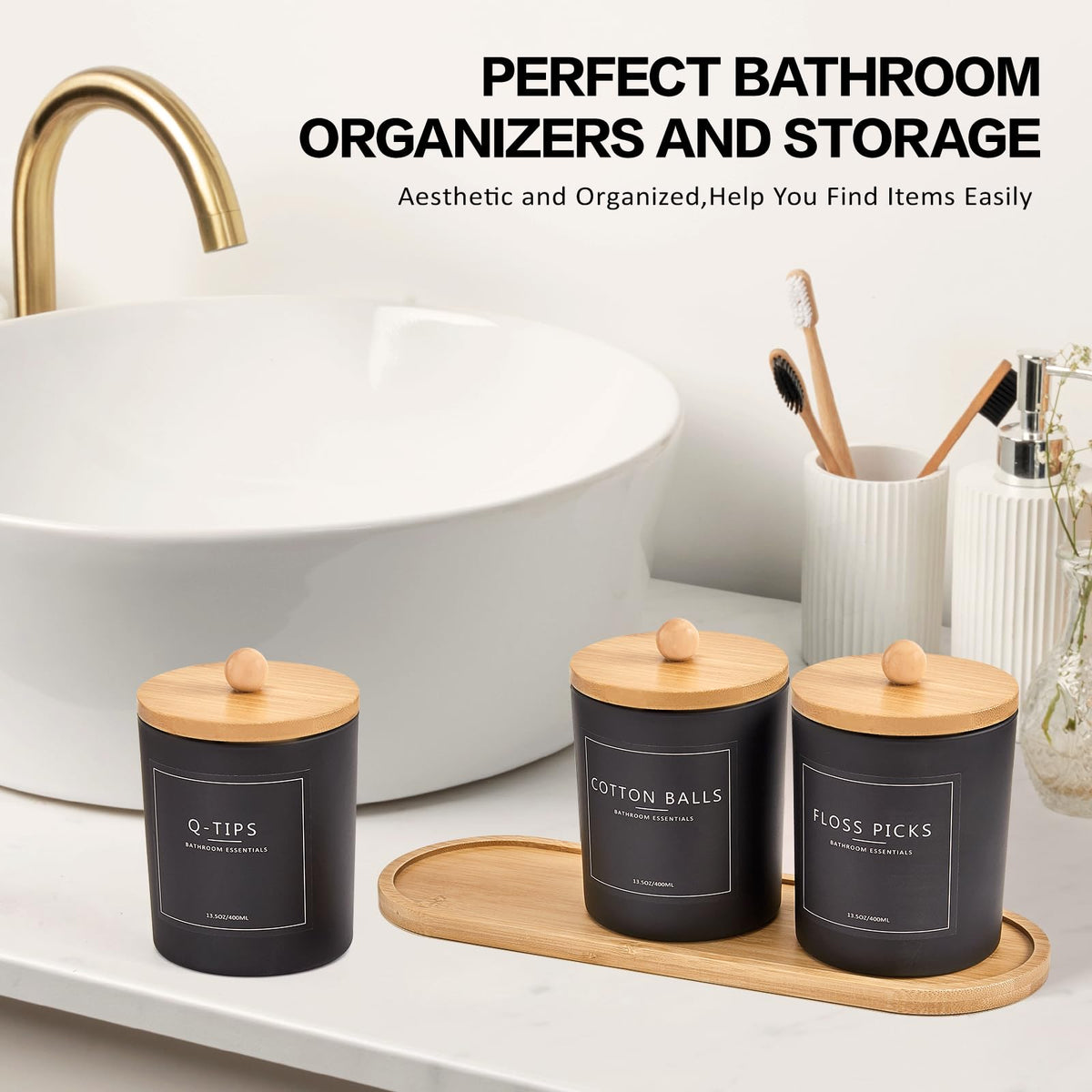 3 Pack Qtip Holder Bathroom Set with Tray,13.5oz Cotton Round Ball Pad Holder Cotton Swab Floss Pick Dispenser,Bathroom Organizers and Storage Container,Glass Apothecary Jars Canisters with Lids-Black