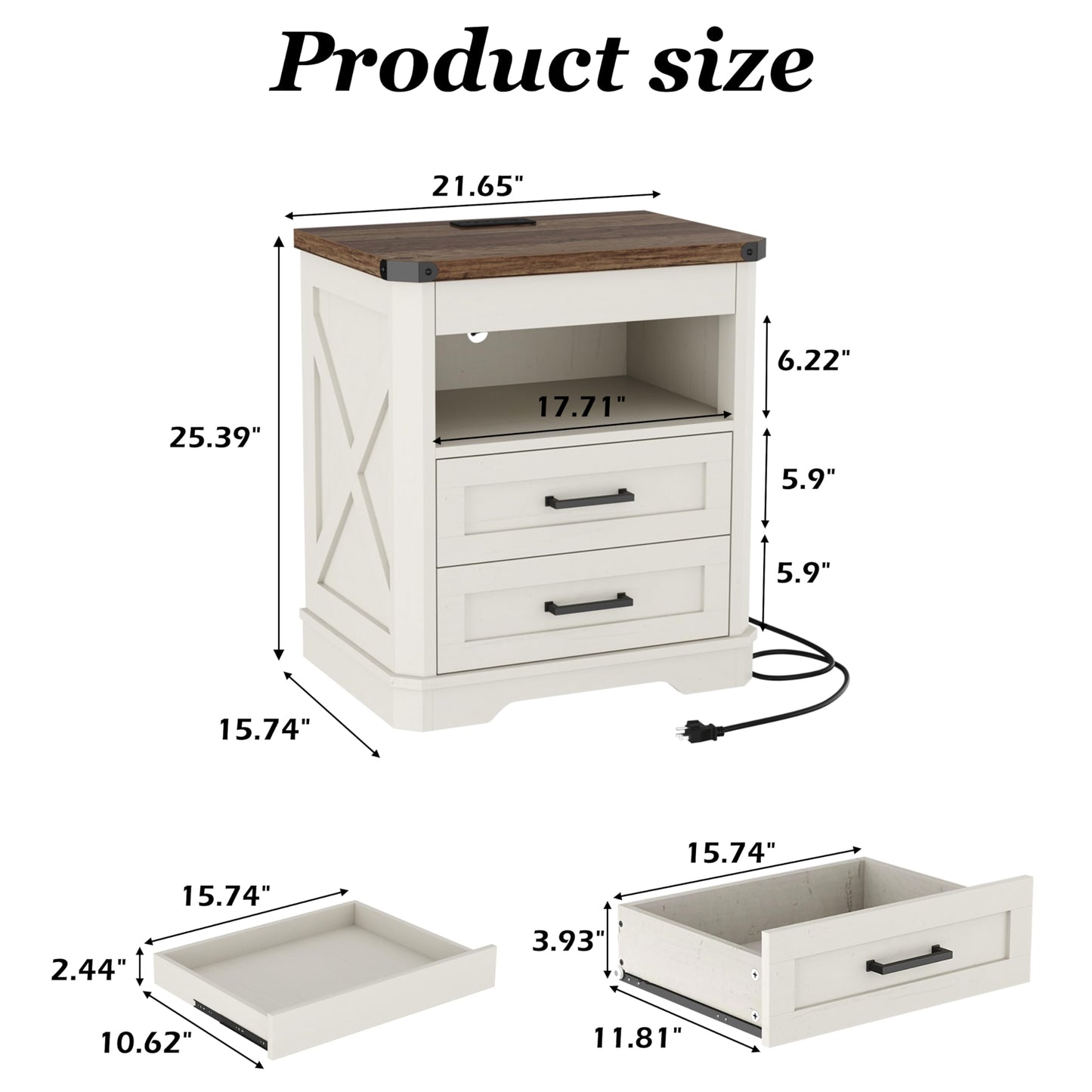 Yusong Farmhouse Night Stand with Gun Drawer & Invisible Lock, Rustic Wooden Night Stand with Charging Station, Beside Table with Drawers and Open Storage, End Tables for Bedroom, (White 004)