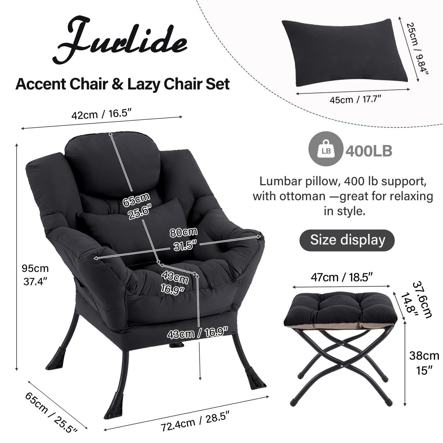 Furlide Lazy Chair with Ottoman, Comfy Fabric Accent Lounge Arm Chair with Lumbar Pillow and Folding Footrest, Reading Leisure Sofa Chair for Bedroom, Living Room, Dorm,Black