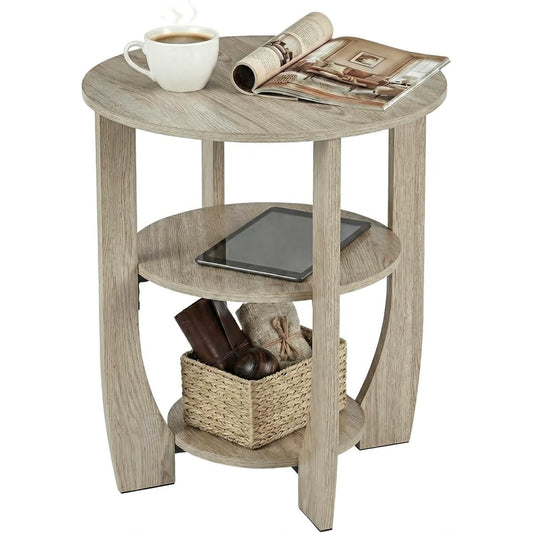 ZEXVIDA Round Side Table, 3-Tier End Table with Storage, 19.7 inch Oak Accent Table,Nightstand for Bedroom Living Room, Farmhouse Design for Couch, Sofa, Recliner, Small Space