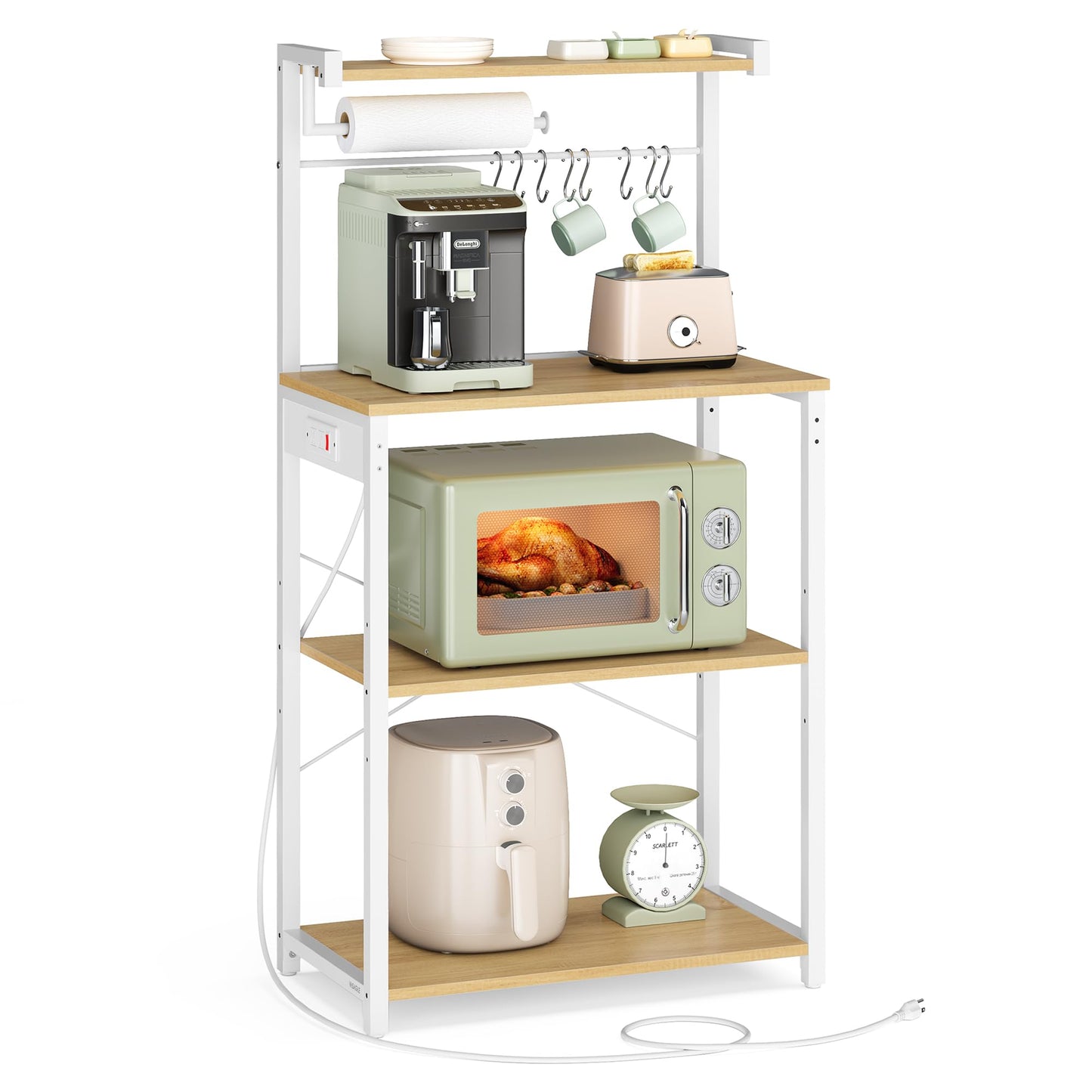 VASAGLE BARNET Collection - Kitchen Bakers Rack with Power Outlet, 23.6-Inch Wide Coffee Bar 4-Tier with 8 S Hooks, Modern Microwave Stand, Adjustable Shelf, Golden Oak and Cloud White UKKS014Y01V1