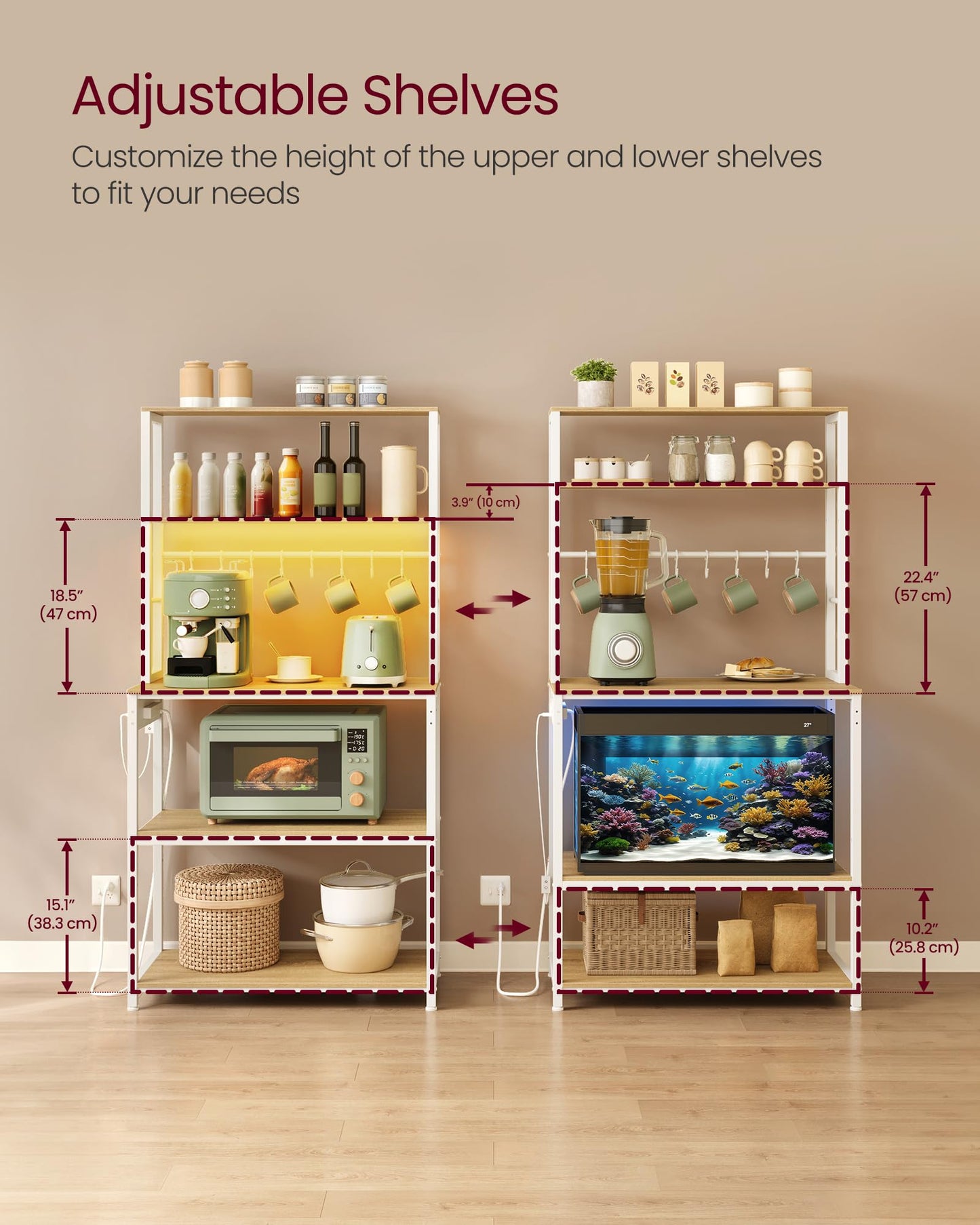VASAGLE Coffee Bar with LED Lights, Kitchen Bakers Rack with Power Outlet, Microwave Stand with Adjustable Shelves, 8 Hooks, 15.7 x 31.5 x 65.7 Inches, Golden Oak and Matte White UKKS050Y01