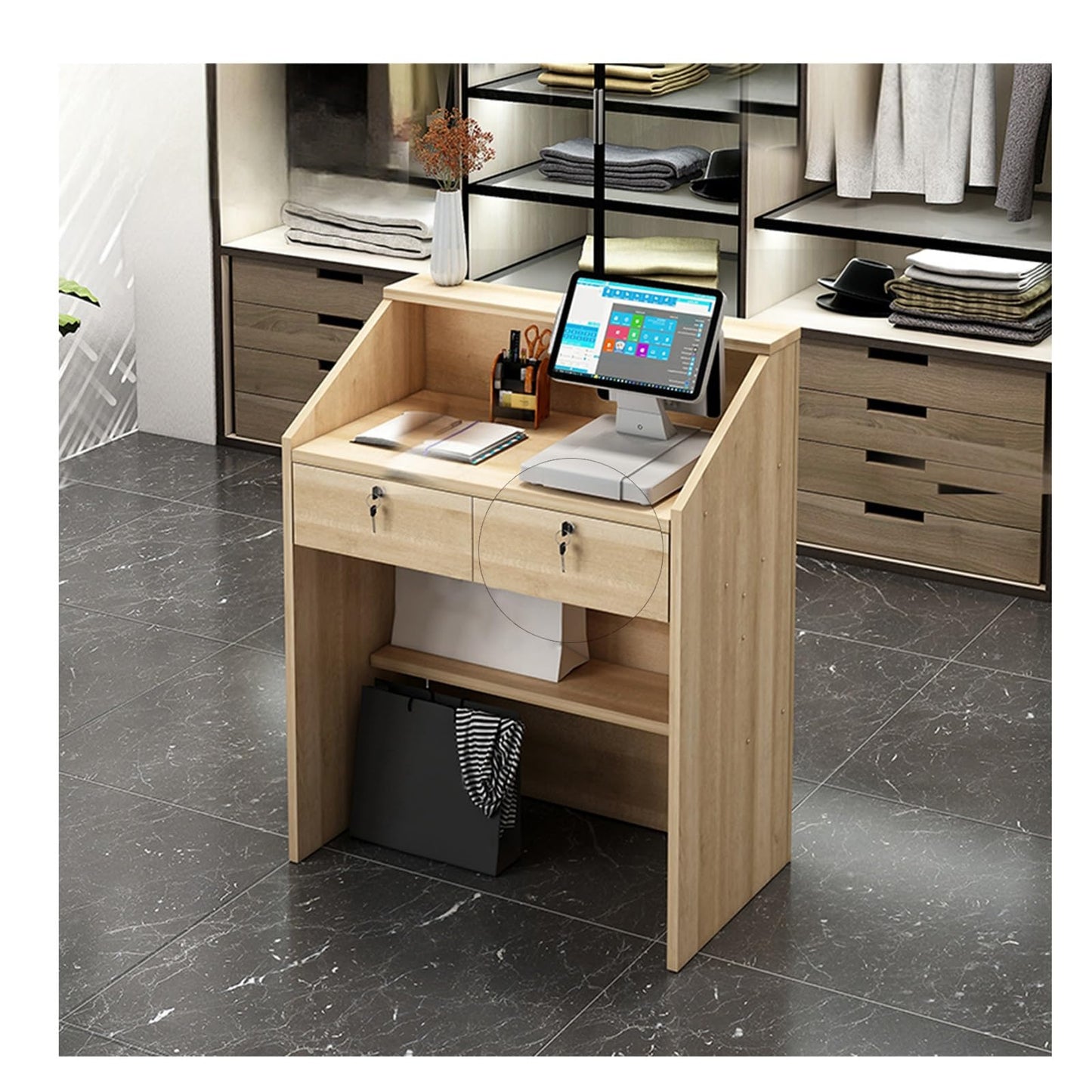 Modern Reception Desk with Lockable Drawers & Storage Cupboard, Reception Desk with Lockable Storage, Welcome Checkout Counter for Salon & Office, Sales Desk with Drawers，（C，L60*W38CM/L23.6*
