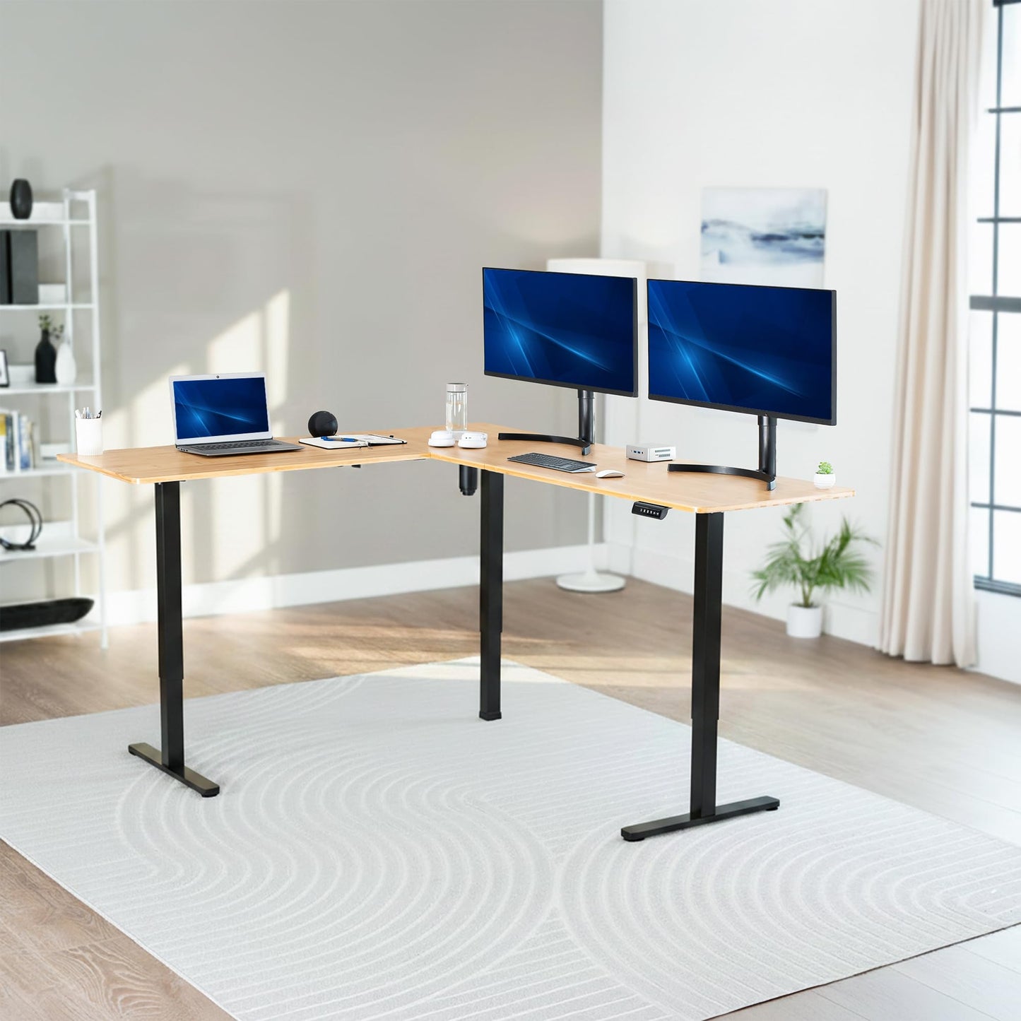 VIVO Corner Standing Desk, 75 x 63 inch Reversible L-Shaped Workstation, Electric Height Adjustment, Home, Office, and Reception Rooms, Real Bamboo Table Top Black Frame, DESK-E3CTBO-75