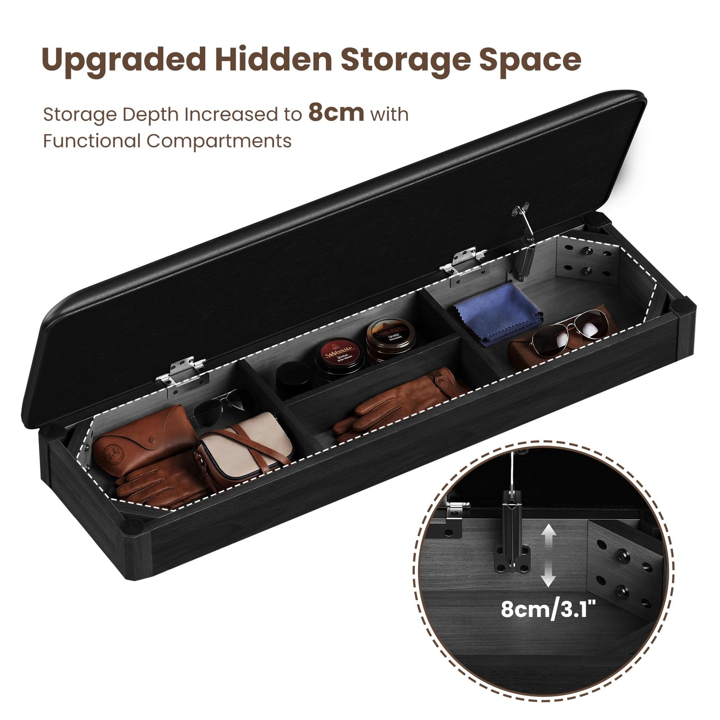 LBT Solid Wood Entryway Shoe Storage Bench, 31.5" Black, Adjustable Shelf, Flip-Top Hidden Compartment, Padded Leather Seat, 2-Tier Shoe Rack, Supports up to 550 lbs for Entryway, Mudroom, Closet