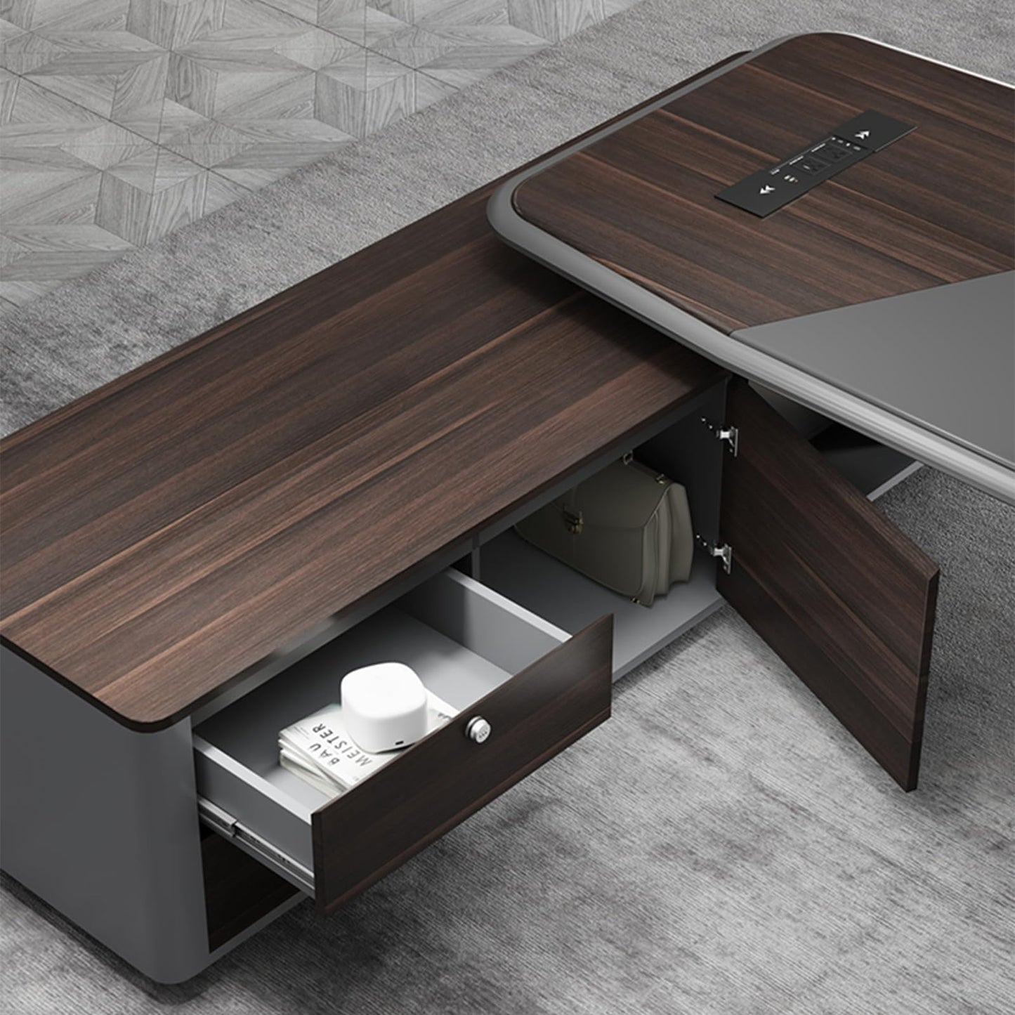 LSIGHTUS Luxury L Shaped Executive Office Desk, Modern Large Home Executive Desk with Drawers Built-in Cable Box & LED Lighting Management Working Table for Boss, Owners