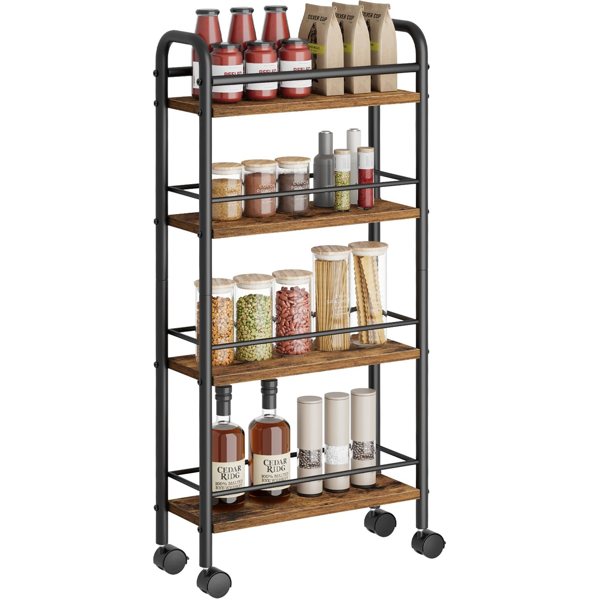 Asgolion Slim Storage Cart, 4-Tier Small Rolling Cart with Wheels, 5.9" Deep, Narrow Bathroom Shelf Trolley for Kitchen, Bathroom, Laundry Room, Rustic Brown Standard 4-Tier (5.9" W x 33.6" H)