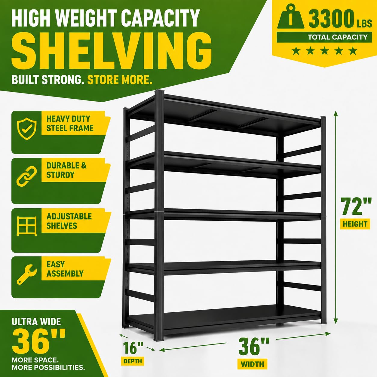 FlyDzrewt Garage Shelving,5 Tier Heavy Duty Shelving,72" H Metal Shelf