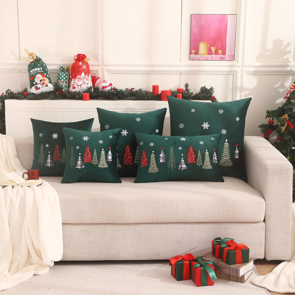 Tosleo Christmas Embroidery Throw Pillow Covers 20 x 20 inch Set of 2 Christmas Decor Velvet Pillowcases Forest Green Xmas Trees Cushion Pillow Cases Soft Square Holiday Pillowcase