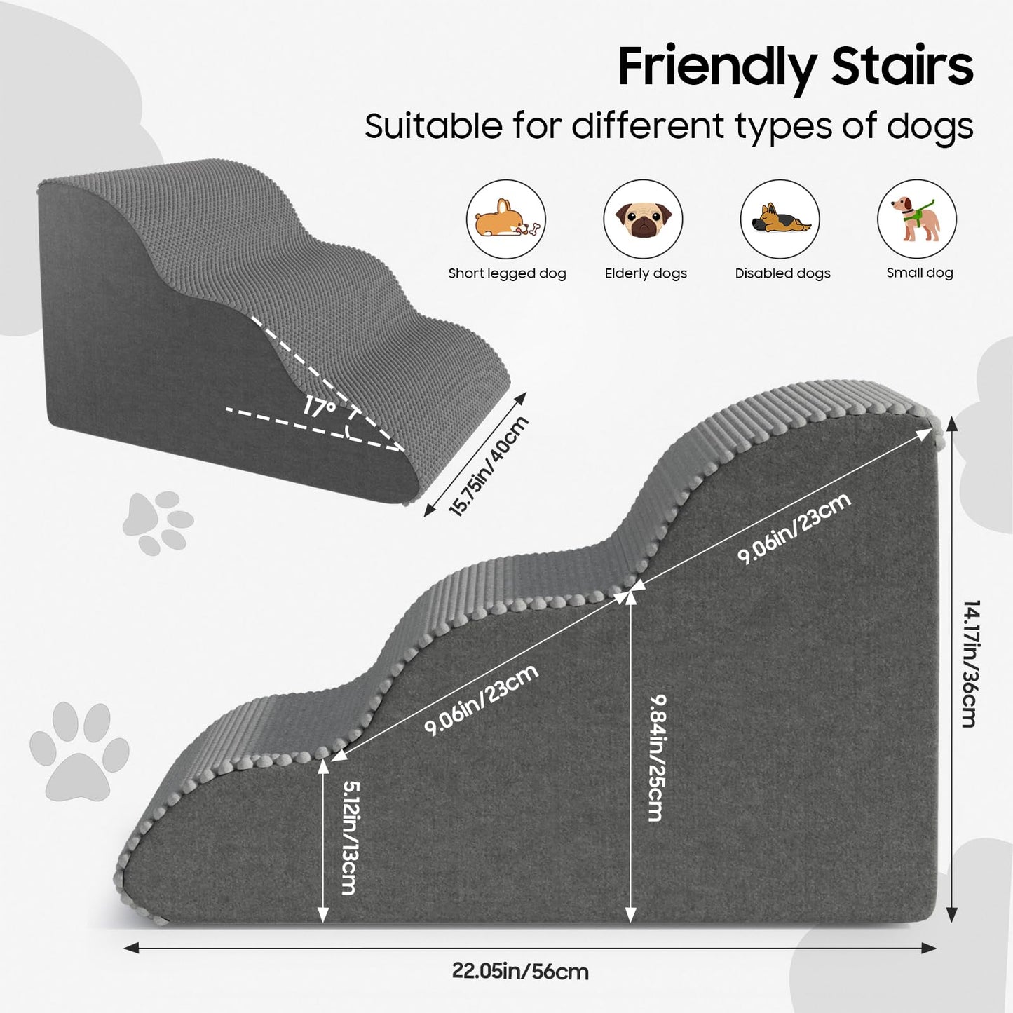 Pet Stairs for Small Dogs and Cats, Comfortable Curved Design with Waterproof Cover, High-Density Foam Steps for Beds or Sofas, Durable and Lightweight, 3-Layer, 21.7x15.7x13.8 Inches Grey