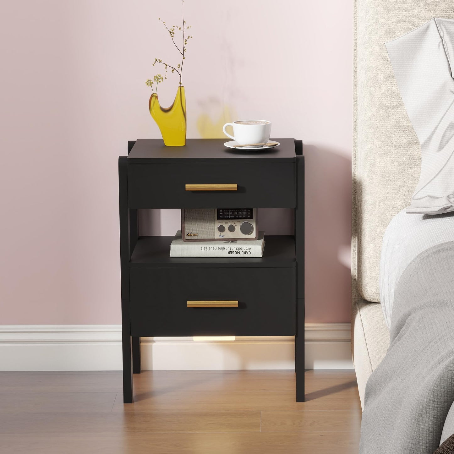 Tltaroni Nightstand with 2 Drawers and Open Shelf Wooden Bedside Table Gold Handles Modern Storage Night Stand Sensor Light for Bedroom, Black